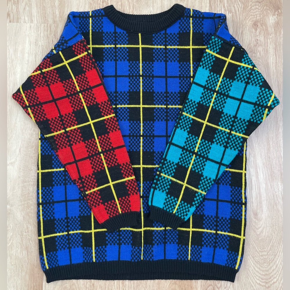 Vintage Toi small crewneck sweater colorblock plaid 80’s retro oversized - Picture 8 of 8